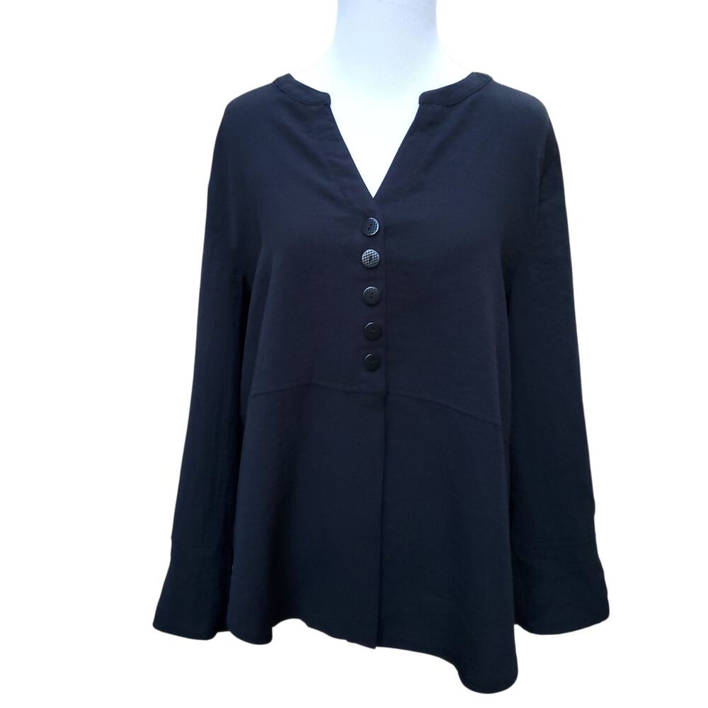 Habitat Black Button Front Tunic Top Boxy Relaxed Lagenlook Button Cuff Sz M